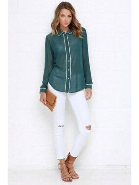 Forever 21 Size XL Teal Sheer Button Up Blouse Contrast Trim Officecore Workwear